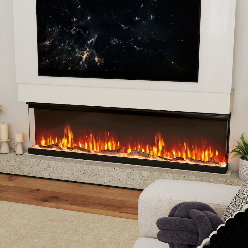 Black 3-Sided Electric Fireplace with Remote and Panoramic Tempered Glass Flames 5000 BTU Heater