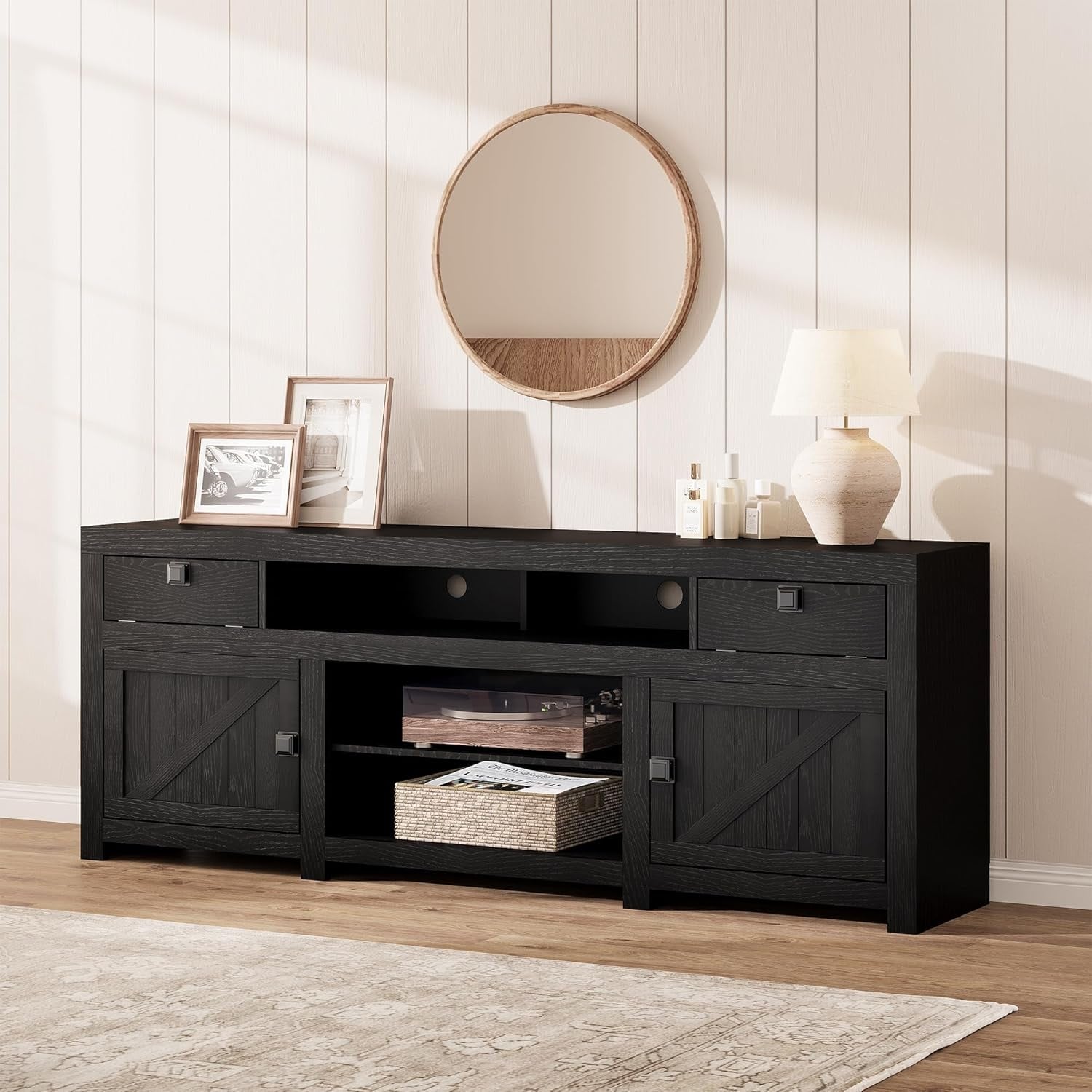 Farmhouse TV Stand for 75/80 Inch TVs, Long Entertainment Center with 4 Storage Drawers & 3 Open Shelf