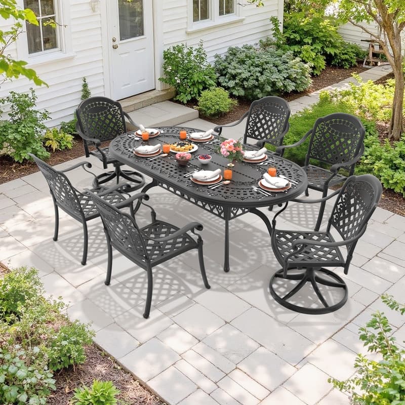 7-Piece Outdoor Dining Set with 1 Table and 6 Chairs, All-Weather Aluminum Outdoor Patio Sets