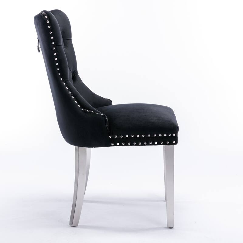 Modern High-end Tufted Velvet Dining Chair w/ Chrome Stainless Steel Plating Legs & Nailhead Trim Set of 2