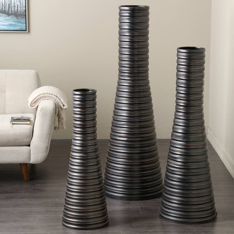Bronze Metal Ribbed Tall Cone Floor Decorative Vase with Horizontal Grooves (Set of 3) - Bronze