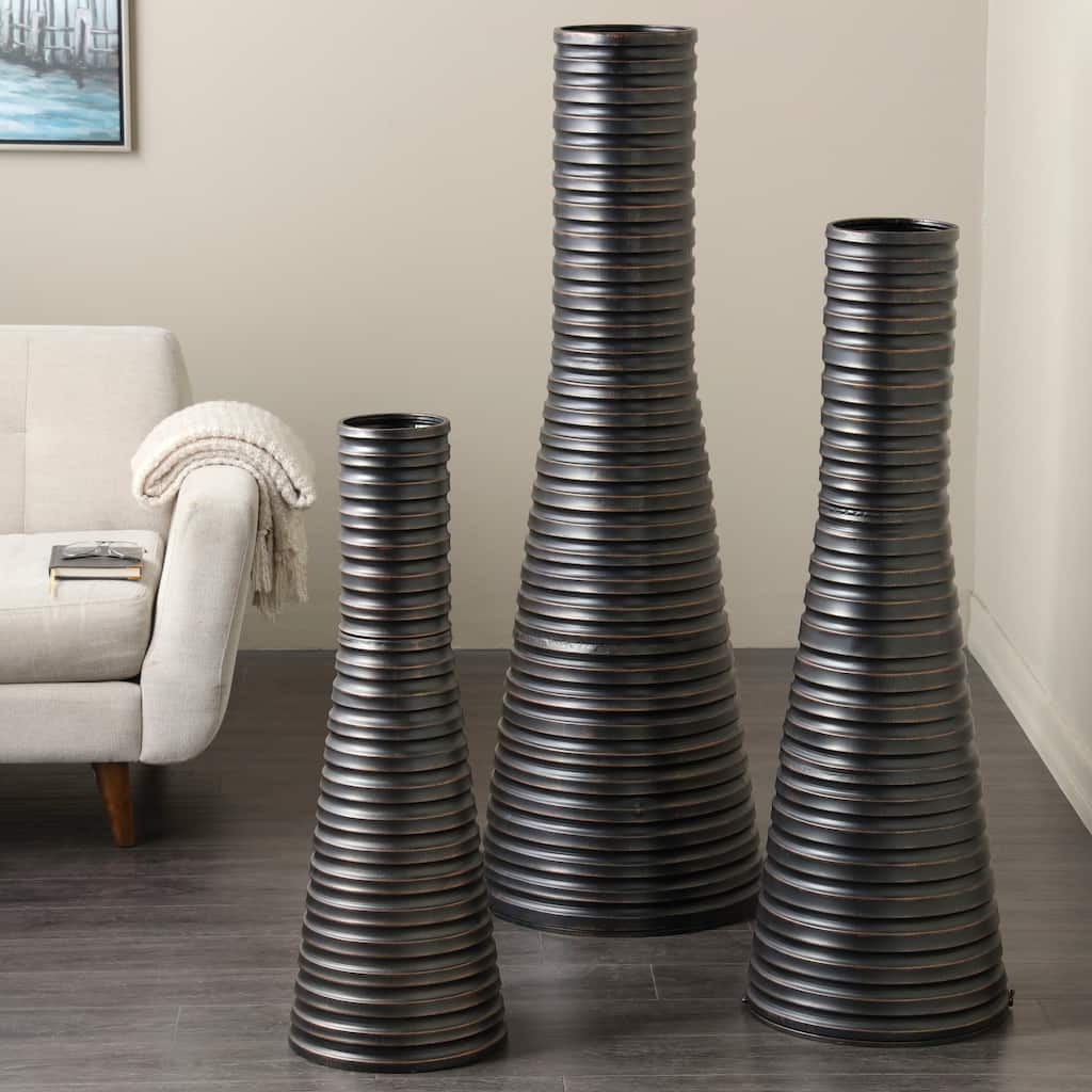 Bronze Metal Ribbed Tall Cone Floor Decorative Vase with Horizontal Grooves (Set of 3)