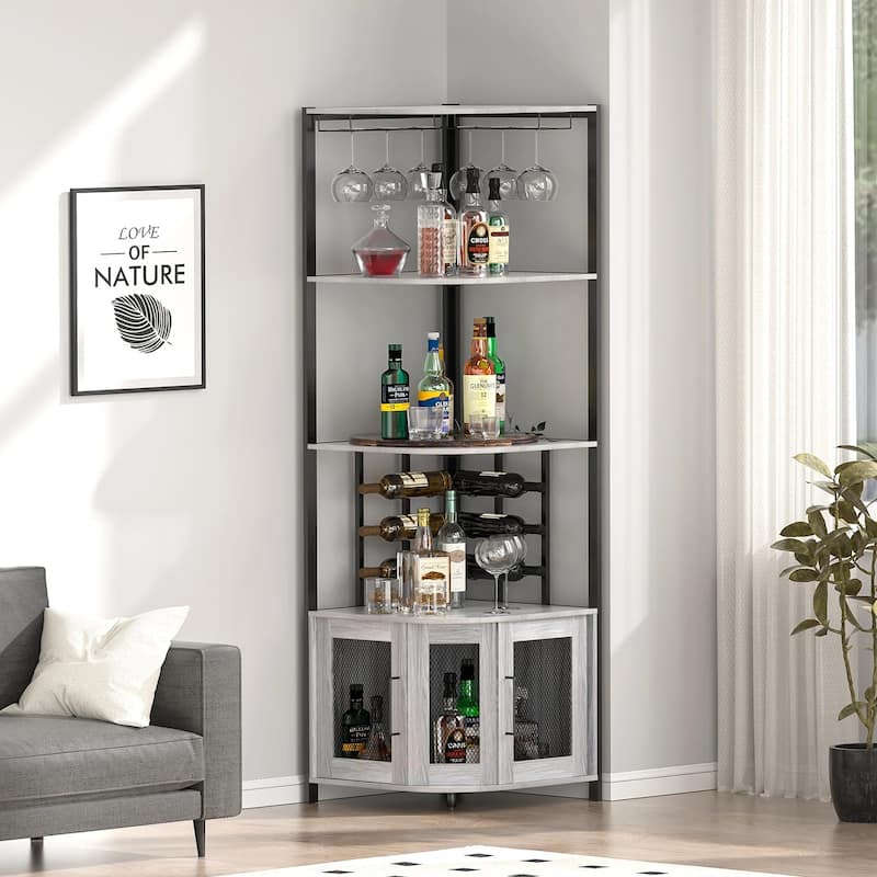 Anmytek 5 Tier Industrial Wooden Corner Wine Rack with Glass Holder & Storage Shelves