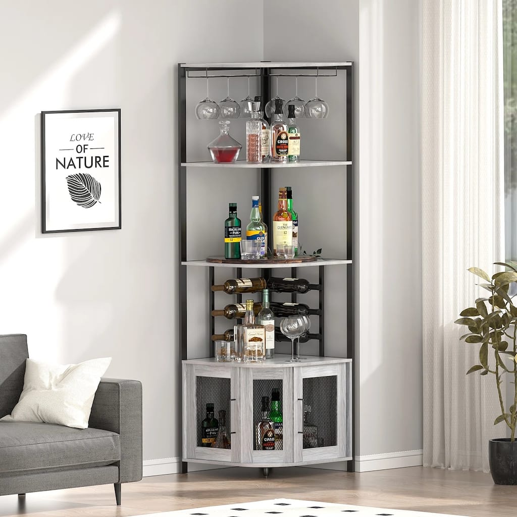 Anmytek 5 Tier Industrial Wooden Corner Wine Rack with Glass Holder & Storage Shelves