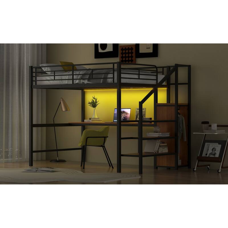 Full Size Metal Loft Bed with Desk, Storage Staircase, Wardrobe, and LED Light