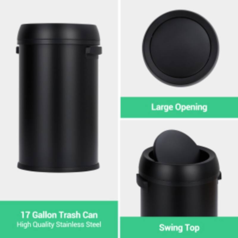 17 Gallon/65 Liter Swivel Top Trash Can, Commercial Grade Round Stainless Steel Trash Can, Black