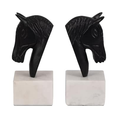 Sagebrook Home Bookends Metal & Marble Sculpted Horse Head Design 3x3x7" Black/White Modern Decor Black White Marble