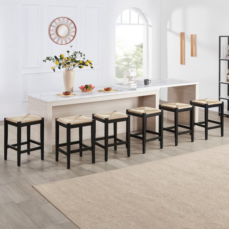 Bohemian 26" H Natural Weave Seagrass Rattan Backless Counter Stools - Set of 6 - Black