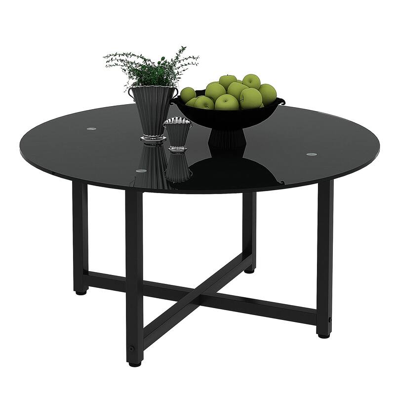 35.5'' Round End Table Modern Side Table with Metal Frame Sofa Center Tables with Tempered Glass Tabletop
