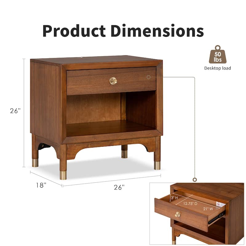 Furniture of America Forma Mid-Century Modern Walnut Solid Wood Nightstand With LED Light and USB Ports