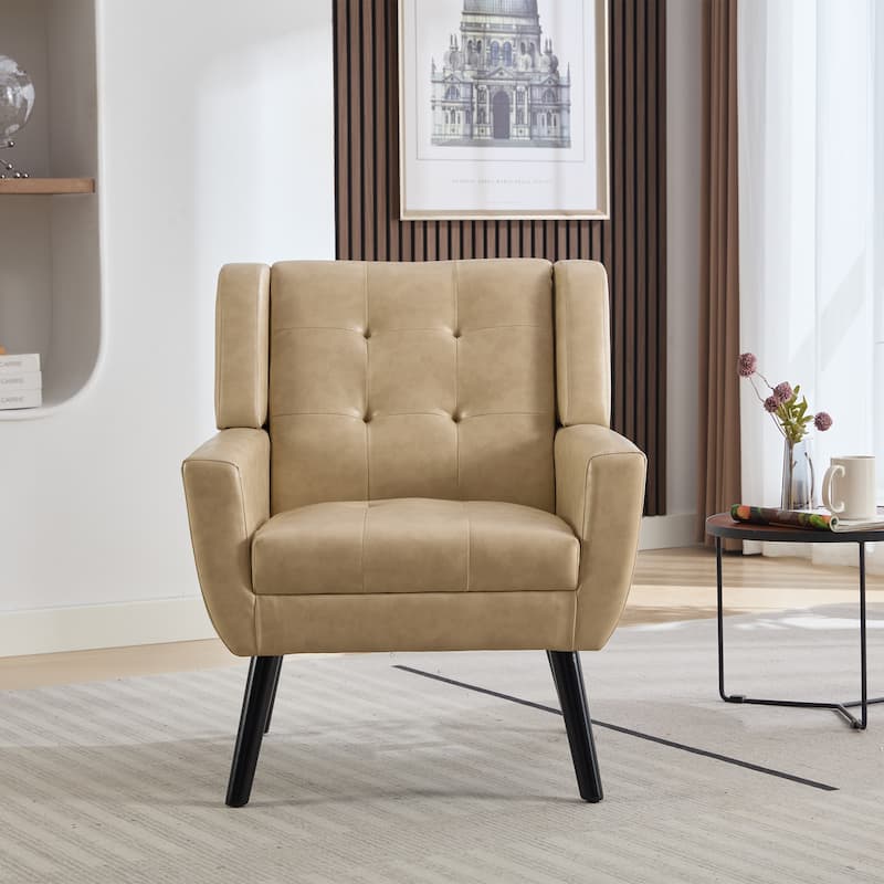 Khaki PU 29.53" Buttons Tufted Accent Chair with Black Legs