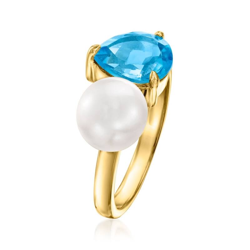 18K Yellow Gold Over Sterling Silver Swiss Blue Topaz, Fresh Water Pearl Infinity Ring