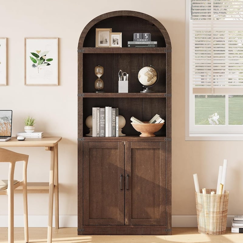 71.65" Tall Farmhouse 3-Tier Arched Bookcase, Display Storage Shelf - N/A - Brown