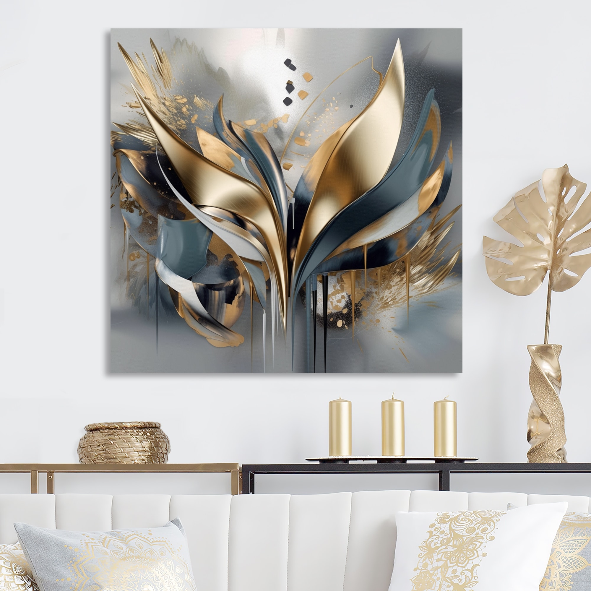 Designart "Abstract Shapes And Lines IV" Abstract Marble Metal Wall Art Print