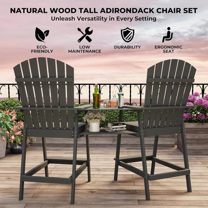 Set of 2 Outdoor Tall Adirondack Chairs Barstools for Deck, Balcony, Backyard, Patio Bar