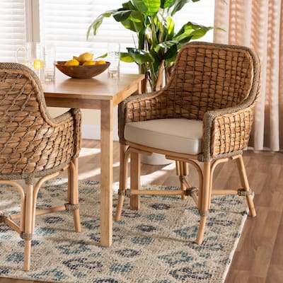 Kyle Bohemian Natural Brown Woven Rattan Dining Arm Chair with Cushion