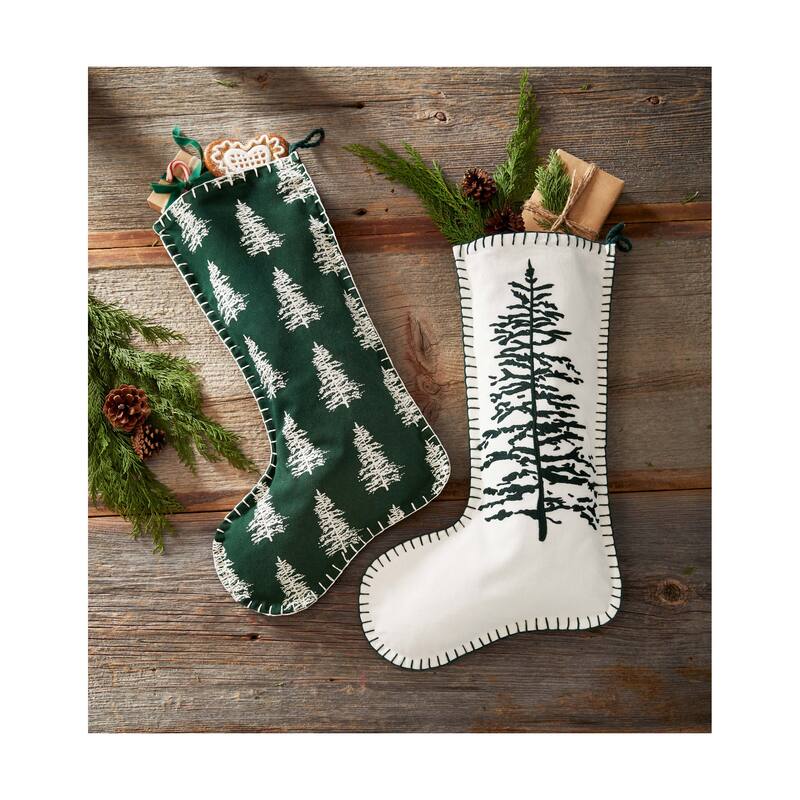 Wilde Pine Tree Holiday Stocking - Green Cotton, Machine Washable, 18.5" L x 11" W - Perfect for Christmas Decor