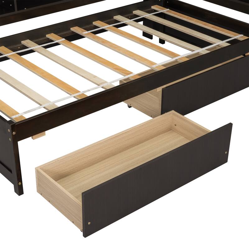 Twin Size Bookcass Bed w/ Power Outlets, USB Ports,2 Drawers,L-shaped
