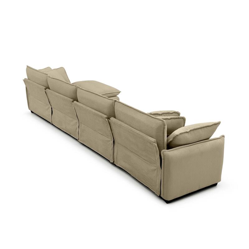 Tan 5-piece Corduroy L-Shaped Modular Sectional Sofa with Ottoman