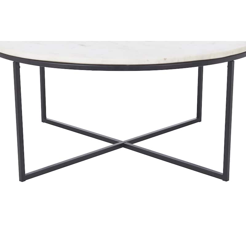 Round Coffee Table with Marble Top - 35" - Matte Black and White