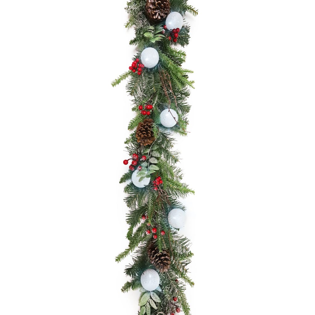 6ft Artificial Mixed Frosted Berry Twig Pine Cone & Pine Christmas Garland with Woven Globe String Light Set