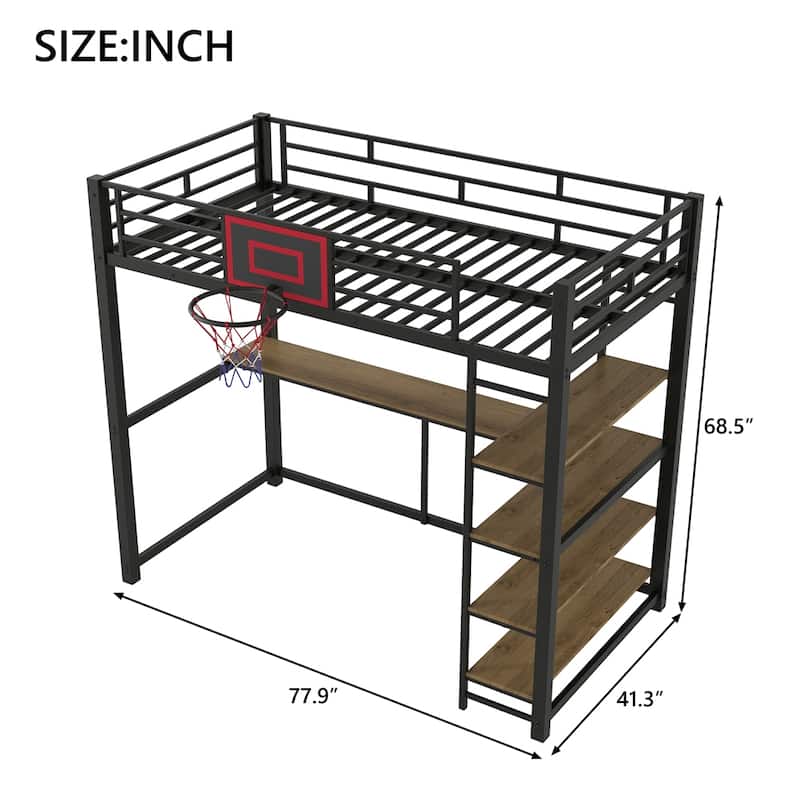 Twin Size Metal Loft Bed with Shelves,Desk and Basketball Hoop