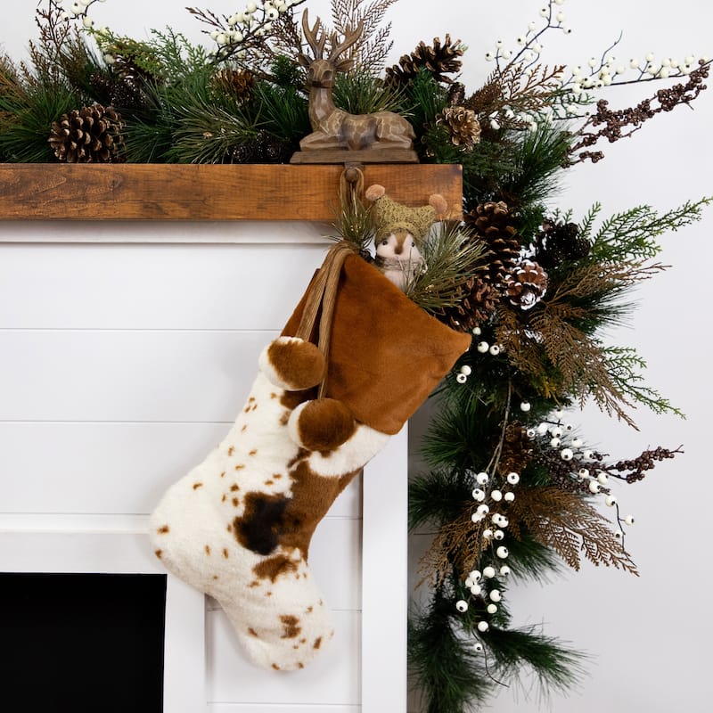 Plush Cowhide Inspired Christmas Stocking with Pom Poms - 20.5" - Brown