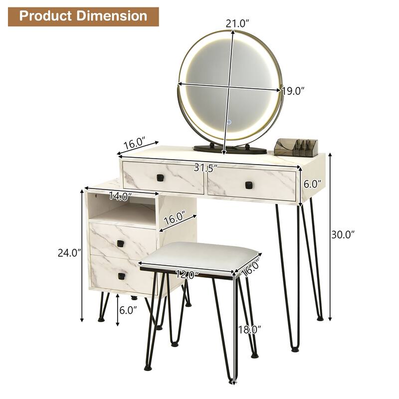 Costway Vanity Table Stool Set Dimmer LED Mirror Large Storage Cabinet - See details