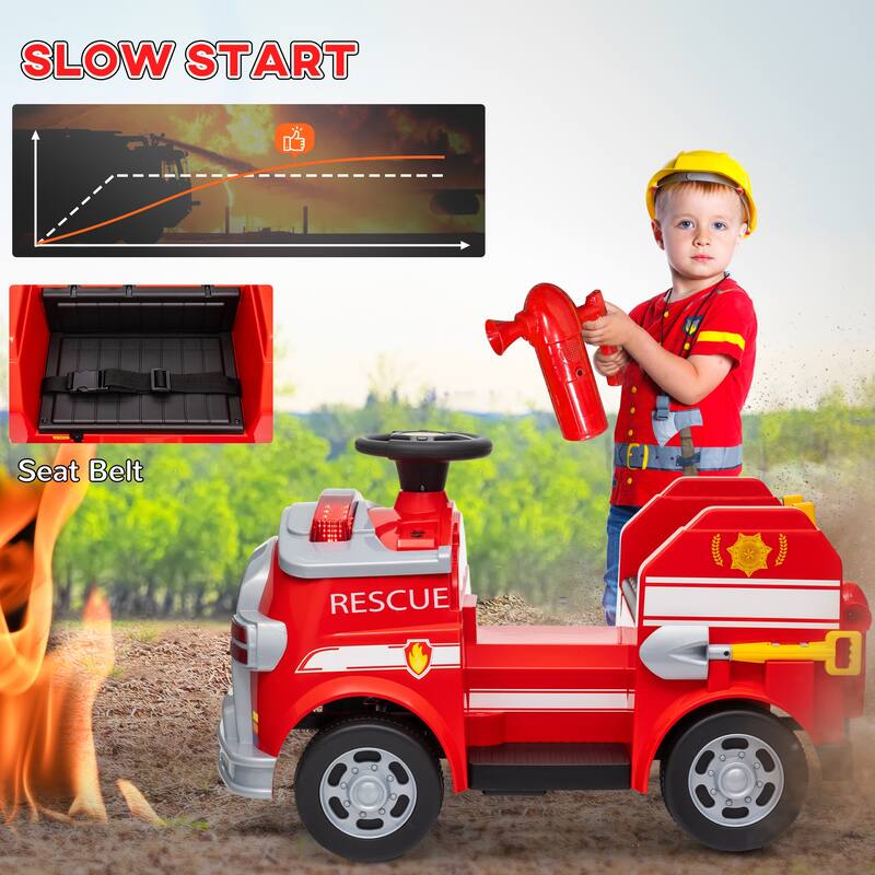 Red 12V Dual Motor Car Kids Ride-On Fire Truck with Flashing Lights and Siren Music Horn - 33.9" L x 19.3" W x 20.5" H