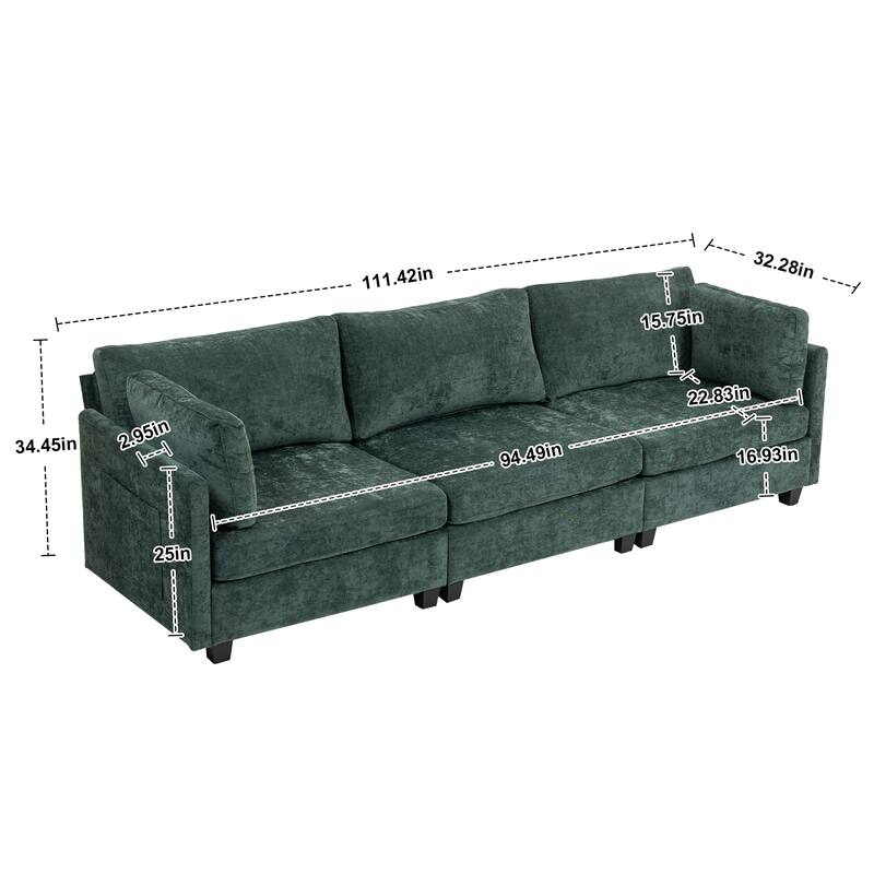 Chenille Upholstered 3 Seater Sofa, Cloud Sofa with 2 Pillows, Deep Seat Sofa with Storage Pocket for Living Room, Apartment - Dark Green
