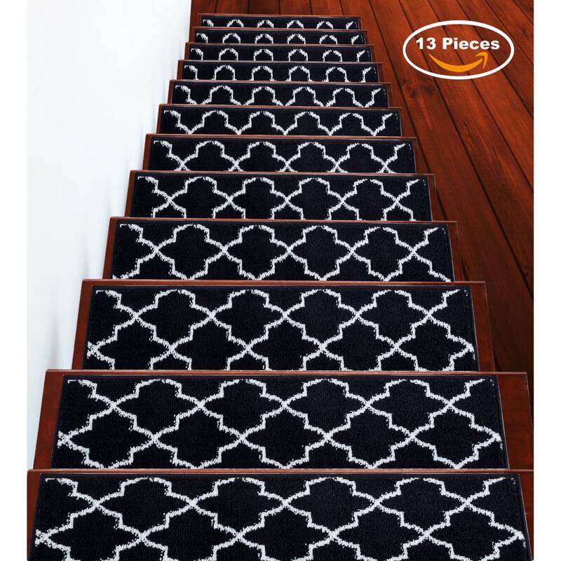 SUSSEXHOME Geometric Stair Treads with Easy to Install Double Adhesive Tape 9" x 28" - 13-PACK - Navy
