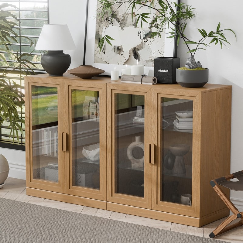 Large Sideboard Buffet Cabinet with 4 Glass Doors 2 Adjustable Shelves for Kitchen Living/Dinning Room Bedroom Entryway
