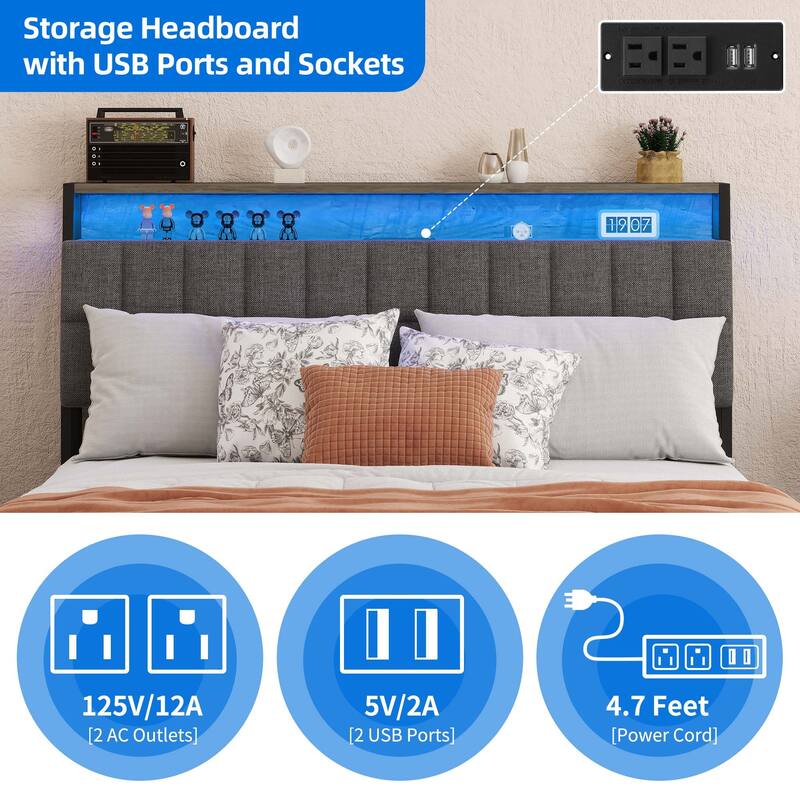 Upholstered Platform Bed with Charging Station and Storage Headboard