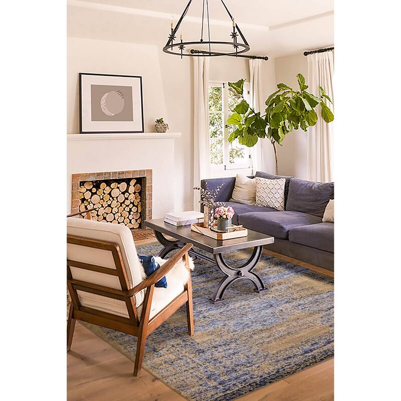 ECARPETGALLERY Hand Loomed Elysian Dark Blue, Light Khaki Rug - 7'10 x 9'11