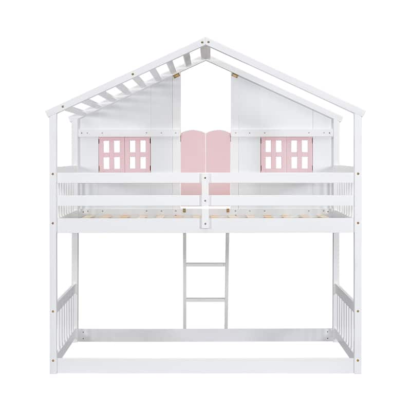 Charming Twin Over Twin House Bunk Bed with Ladder, Roof, and Safety Guardrails - Ideal for Kids' Rooms