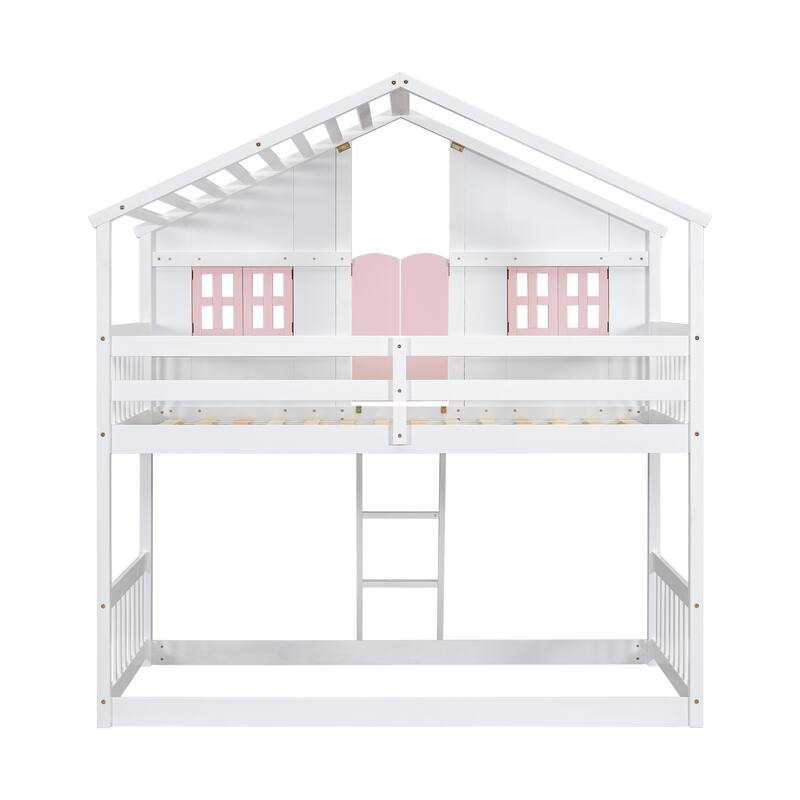 Pink/White Twin Over Twin House Bunk Bed with Roof, Window, Door, Safety Guardrails, and Ladder