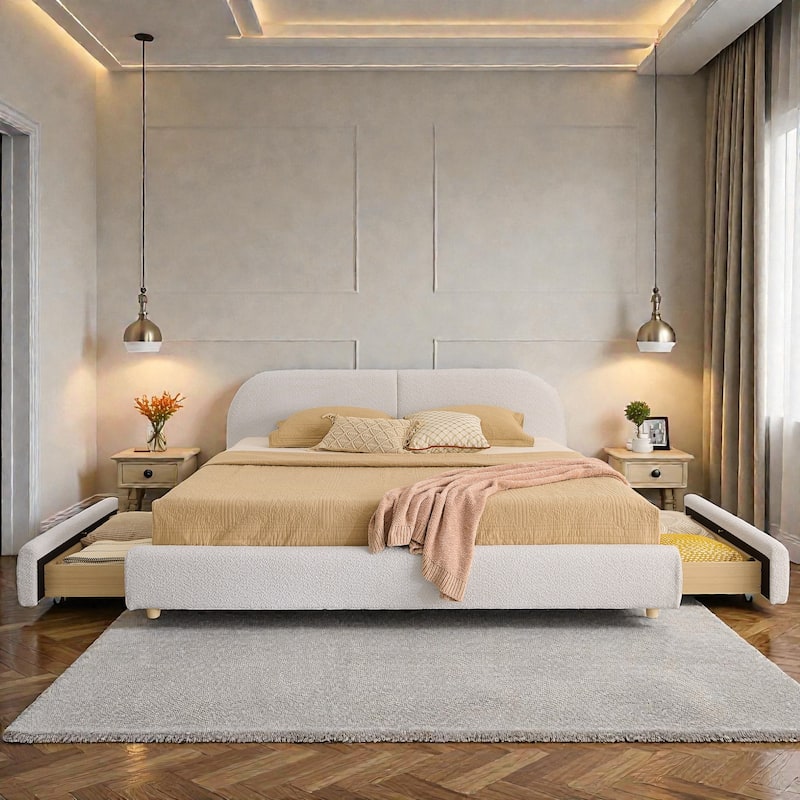 Upholstered Bed Frame with Tall Curved Headboard and Storage Drawers, Modern Minimalist Platform Bed No Box Spring