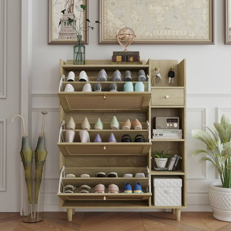 Freestanding Shoe Storage Cabinet, Narrow Hidden Shoe Rack with 3 Rattan Flip Drawers, 3 Square Shelves & 1 Storage Drawer