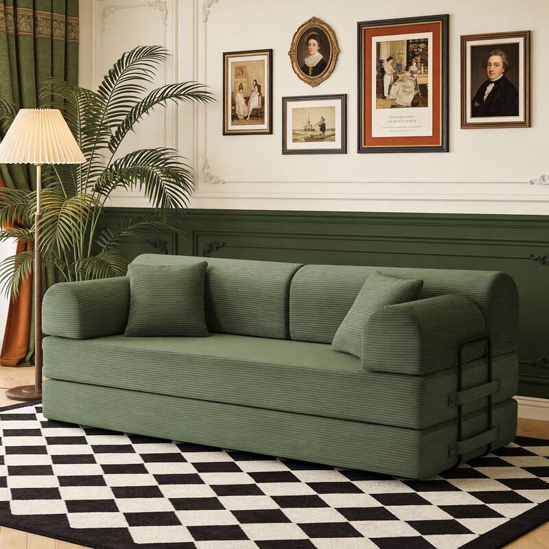 Convertible Sleeper Sofa Bed with Cylindrical Pillow, Corduroy Folding Mattress Couch with Fixed-Shape Frame for Bedroom - Grayish Green