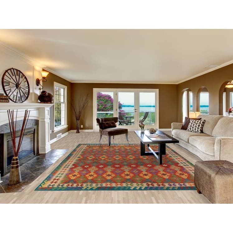 All-Over Geometric Kilim Area Rug Hand-Woven Oriental Wool Carpet - 8'4"x 11'7"
