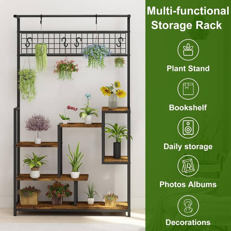 Plant Shelf with Grow Light, Tall Plant Stand Indoor, 7 Tiered Large Metal Shelf with Hanging Hooks