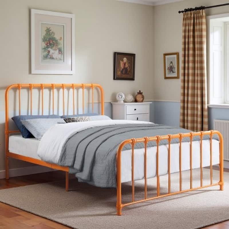 Twin Size Metal Platform Bed with Classic Design, No Box Spring Needed, Easy Assembly, Ships in One Box - Queen Orange - Queen
