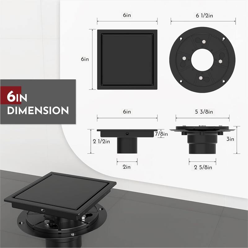 4/6-Inch Square Shower Drain, Reversible Tile Insert
