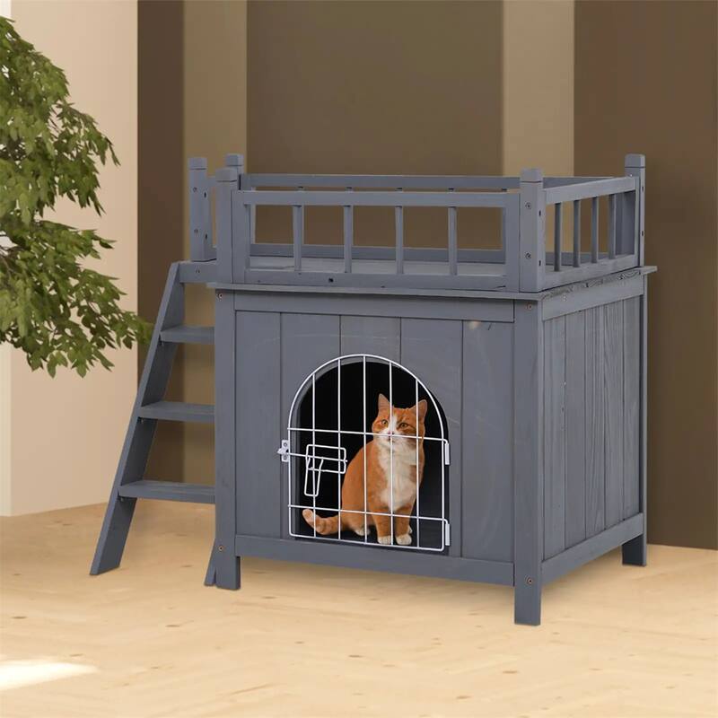 2-Level Wooden Cat House Outdoor With Lockable Wire Door - 28.75" L x 20.5" W x 25.75" H