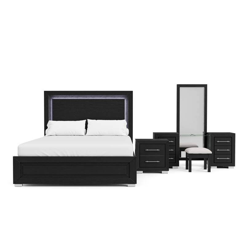 Furniture of America Alaric Modern Black Solid Wood 3-Piece Bedroom Set with 69-inch Makeup Vanity and Nightstand