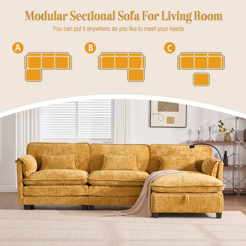 Modern Chenille Chaise Couch L-shaped Sectional Sofa with Storage Ottoman, Phone Holder, USB/Type-C Ports and Side Pockets