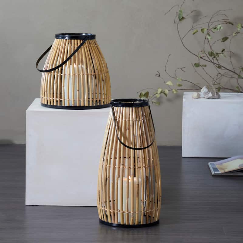 Brown Wicker Handmade Slatted Frame Decorative Candle Lantern with Handle