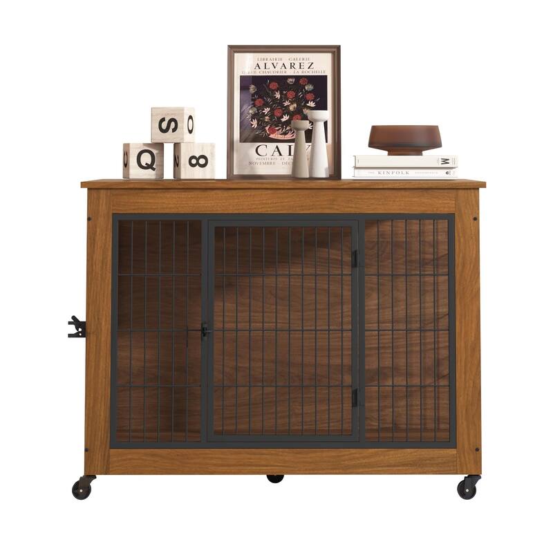 38.6" Dog Crate Furniture with Wheels for Small Dogs, Heavy Duty Dog Kennel Indoor with 2 Doors, Wooden Pet Cage End Table