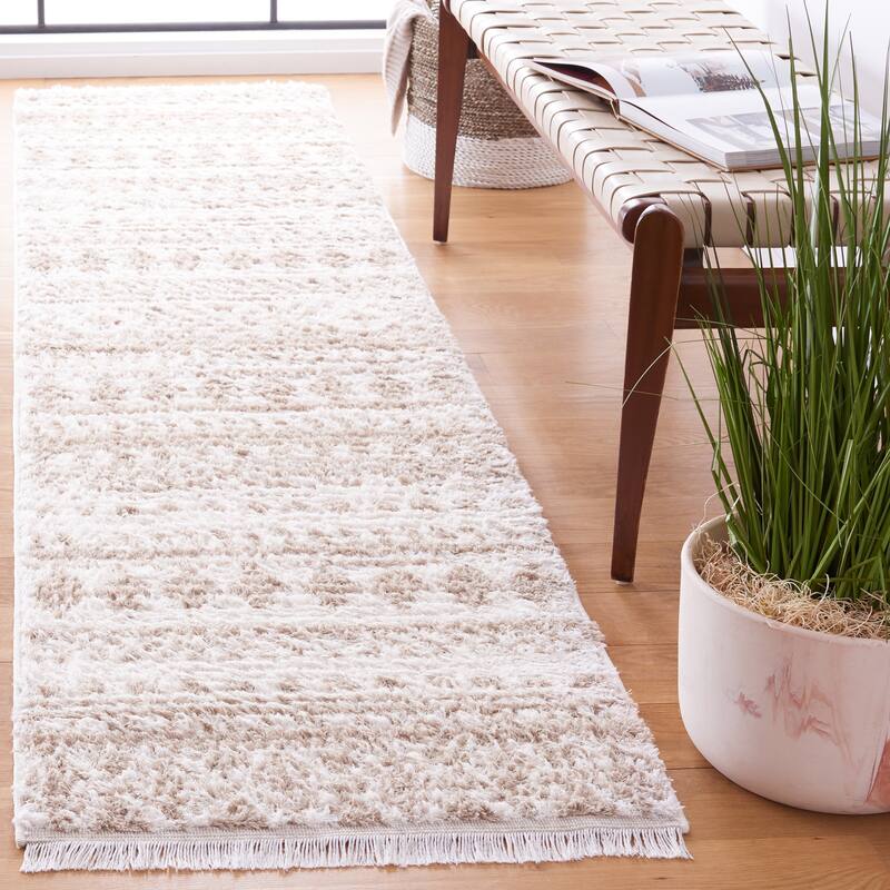 SAFAVIEH Augustine Libera Rustic Moroccan Fringe Rug - 2' x 9' Runner - Ivory/Beige