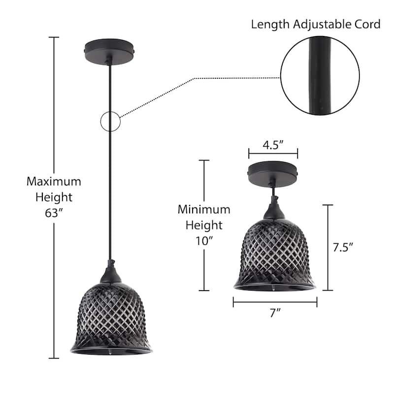 Gale River of Goods Black Metal and Hand-Blown Glass 7-Inch Pendant Light with Adjustable Hanging Cord - 7" x 7" x 63"